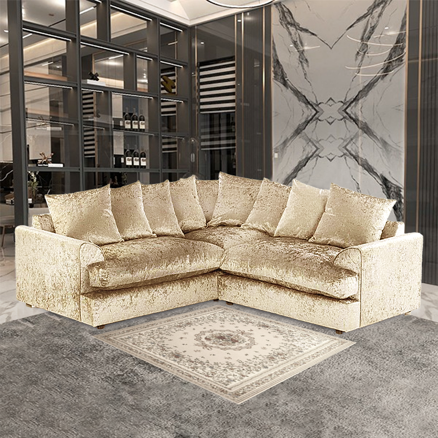 DYLAN CRUSH VELVET WIDE ARMREST 5 SEATER WITH FOOTSTOOL – CLASSIC CORNER SOFA