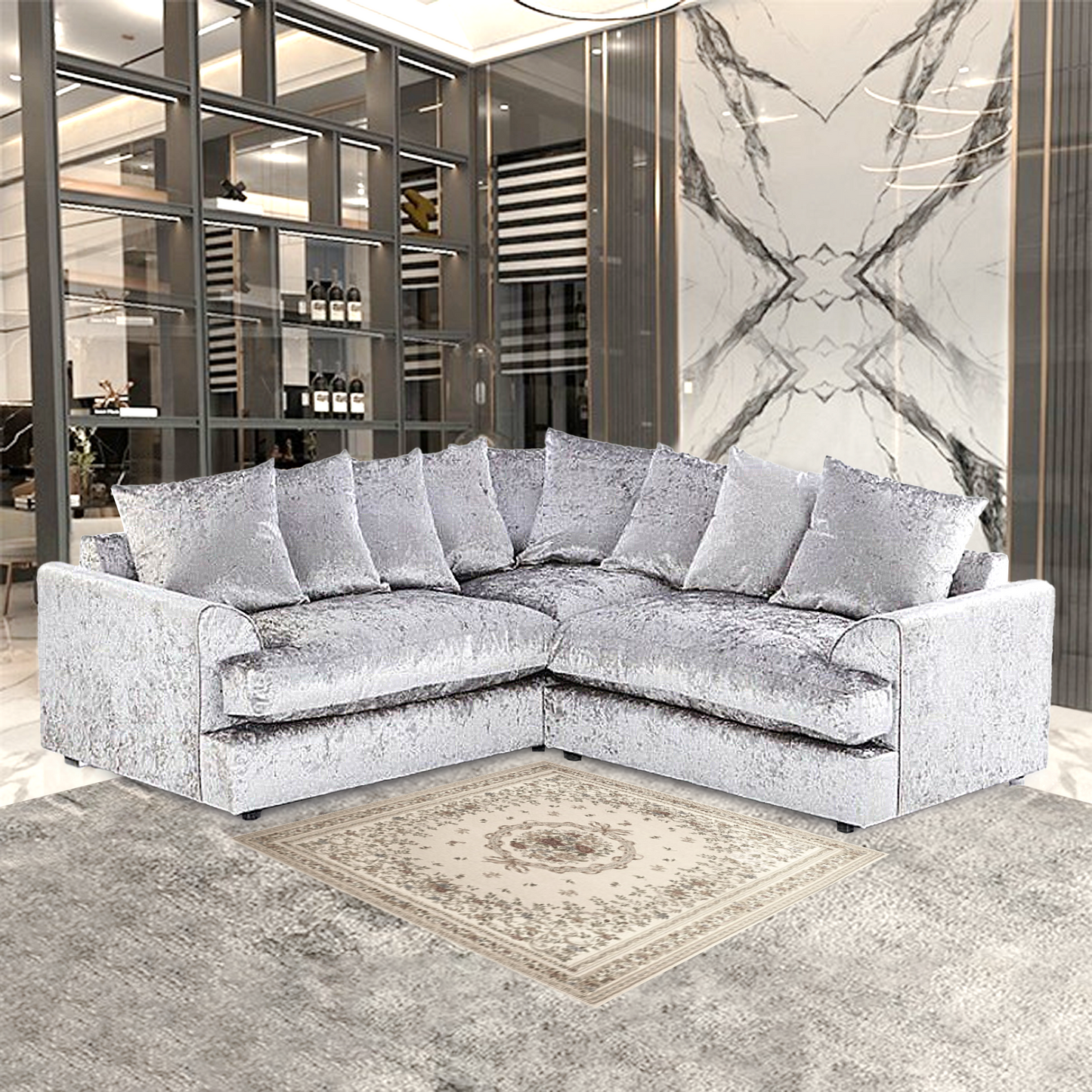 DYLAN CRUSH VELVET WIDE ARMREST 5 SEATER WITH FOOTSTOOL – CLASSIC CORNER SOFA