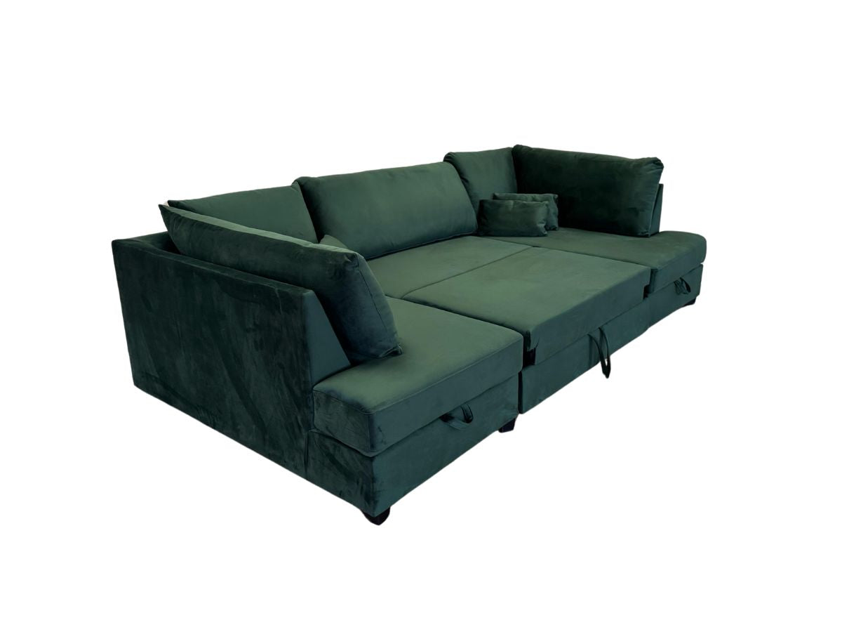 Meri U Shape Sofa Bed with Storage Emerald Green Plush Velvet