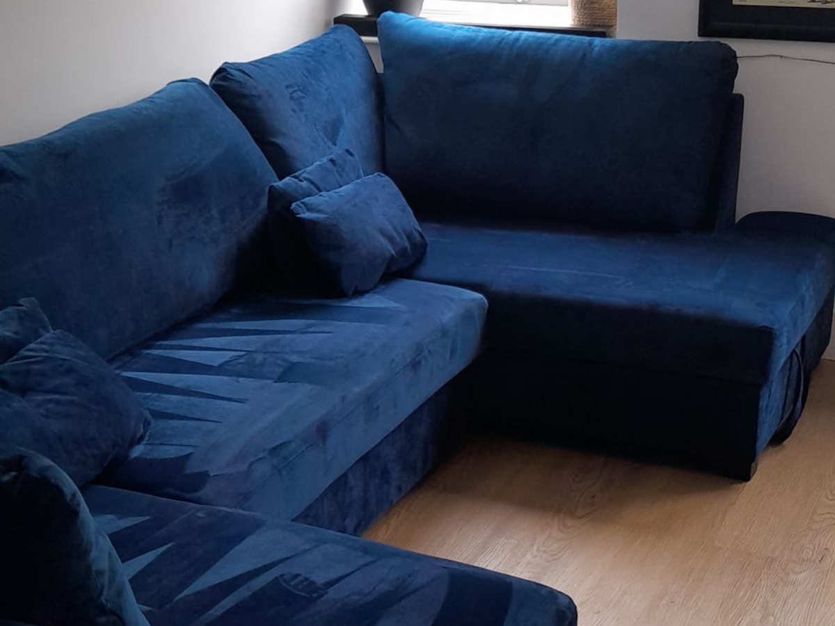 Meri U Shape Sofa Bed with Storage Blue Plush Velvet
