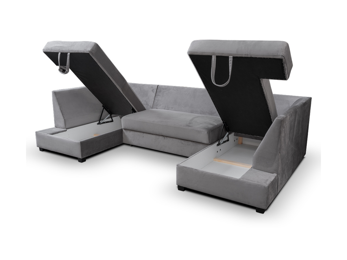 Meri U Shape Sofa Bed with Storage Steel Grey Plush Velvet