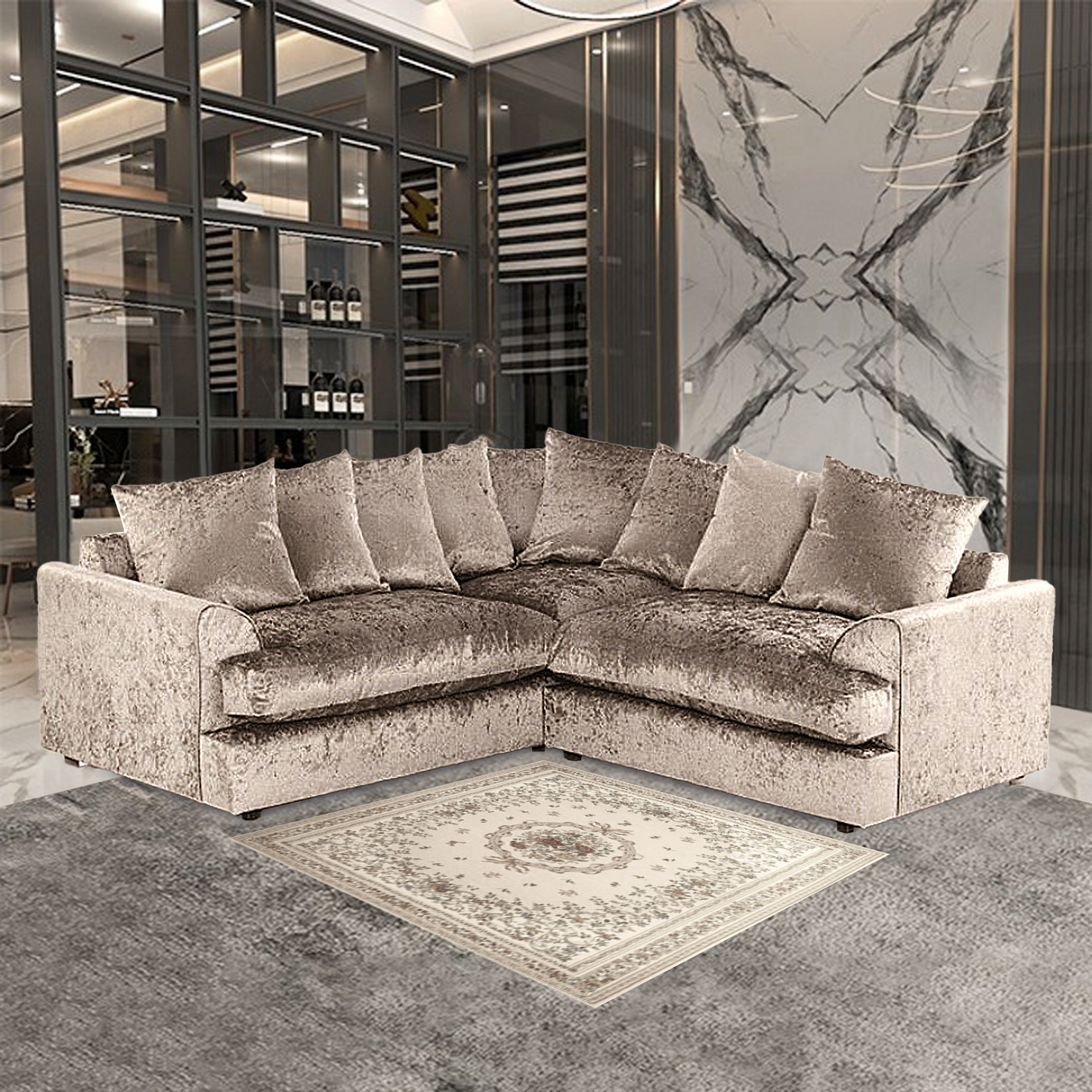 DYLAN CRUSH VELVET WIDE ARMREST 5 SEATER WITH FOOTSTOOL – CLASSIC CORNER SOFA