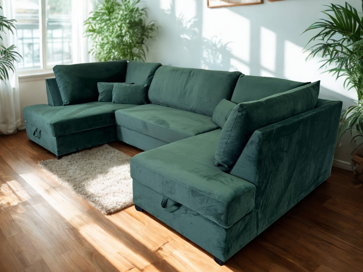 Meri U Shape Sofa Bed with Storage Emerald Green Plush Velvet