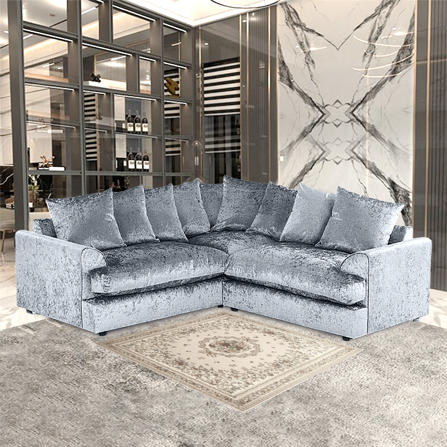 DYLAN CRUSH VELVET WIDE ARMREST 5 SEATER WITH FOOTSTOOL – CLASSIC CORNER SOFA